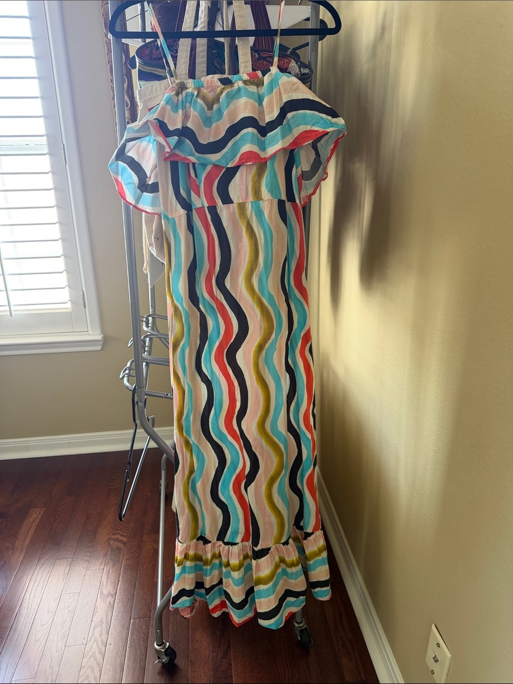 FARM Rio Multicolor Wavy-Stripe Ruffle Maxi Dress